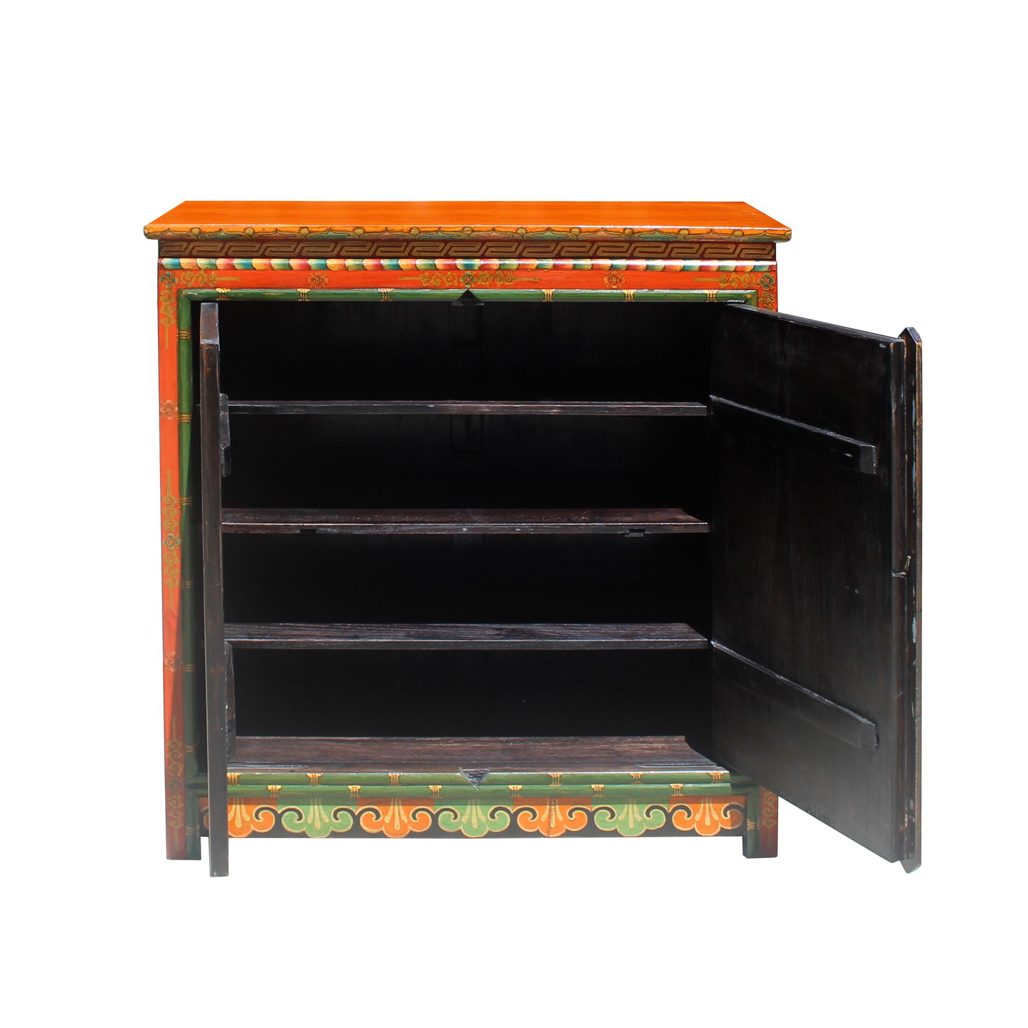 Chinese Tibetan Jewel Flower Elephant Deity Graphic Tall Credenza Cabinet cs4913E